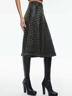 Women Alice and Olivia Sosie Studded Leather Midi Skirt