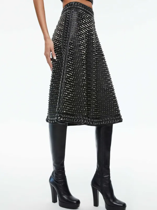 Women Alice and Olivia Sosie Studded Leather Midi Skirt