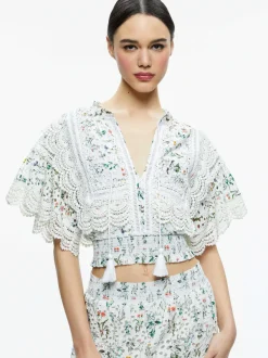 Women Alice and Olivia Tabitha Lace Button Front Cropped Blouse