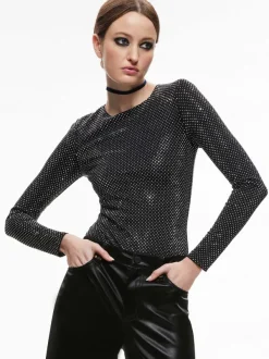 Women Alice and Olivia Taeyn Embellished Crew Neck Bodysuit