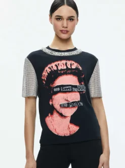 Women Alice and Olivia Tari Embellished Crystal Sleeve Tee