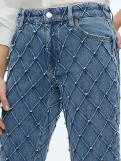 Women Alice and Olivia Weezy Quilted Embellished Cropped Mid Rise Jean