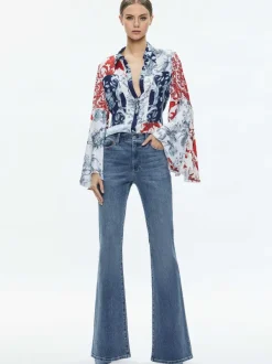 Women Alice and Olivia Willa Fitted Placket Bell Sleeve Top