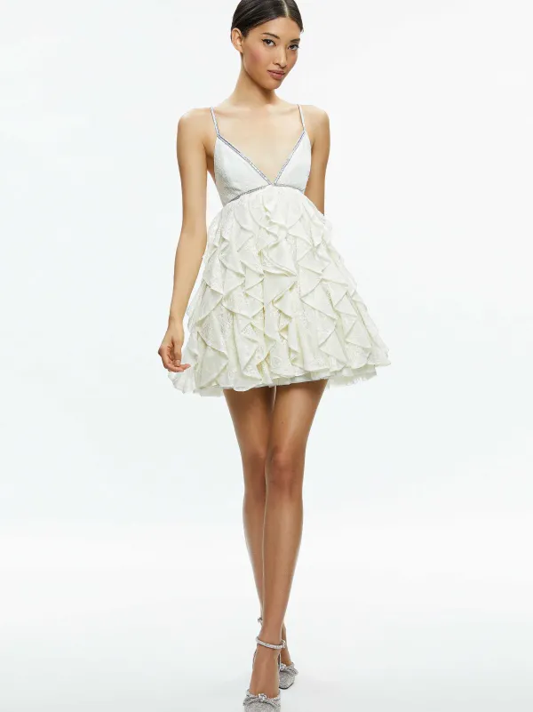 Women Alice and Olivia Wilmarie Embellished Lace Ruffle Mini Gown
