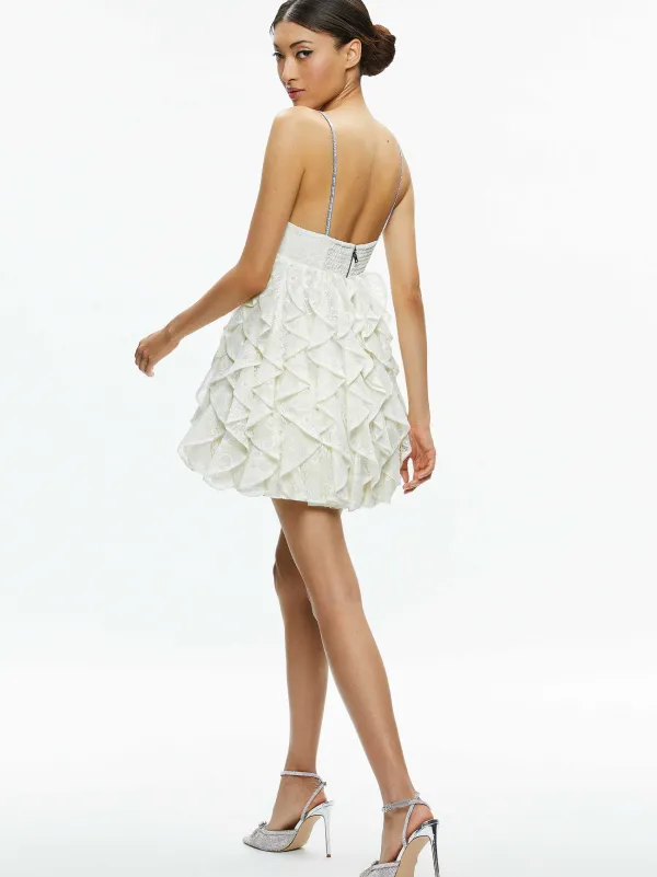 Women Alice and Olivia Wilmarie Embellished Lace Ruffle Mini Gown